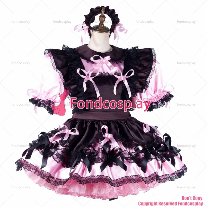 fondcosplay adult sexy cross dressing sissy maid short baby pink satin dress lockable Uniform black apron CD/TV[G2192]