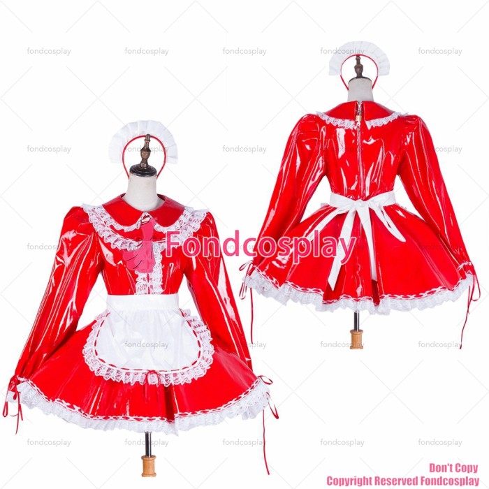 fondcosplay adult sexy cross dressing sissy maid lockable red heavy PVC dress Uniform white apron costume CD/TV[G1751]