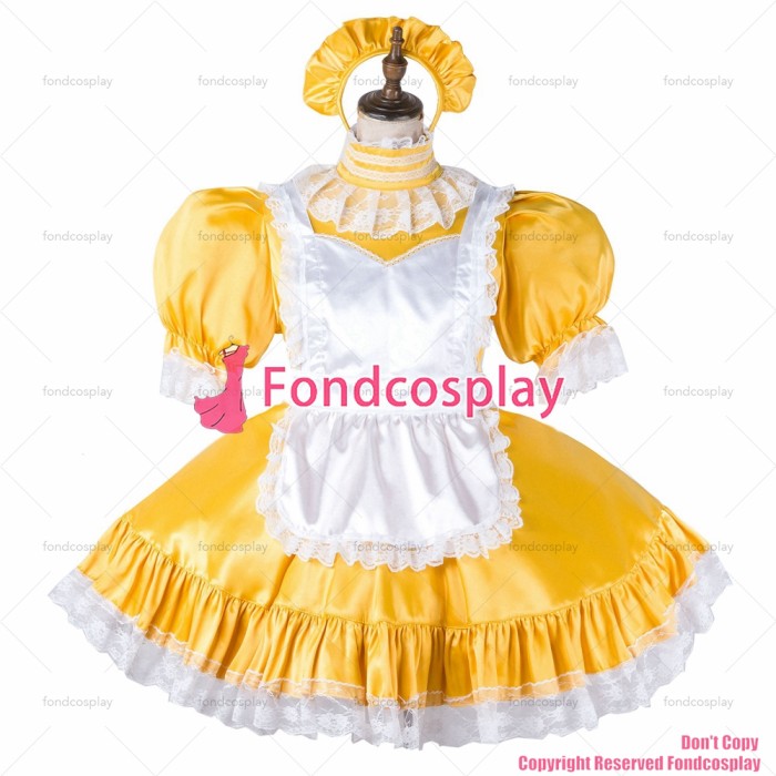 fondcosplay adult cross dressing sissy maid short yellow satin dress lockable Uniform white apron costume CD/TV[G2148]