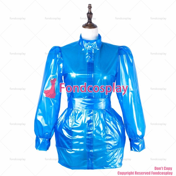 fondcosplay adult sexy cross dressing sissy maid short blue clear pvc dress lockable Uniform cosplay costume CD/TV[G2229]