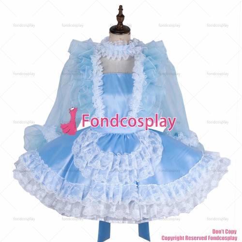 fondcosplay adult sexy cross dressing sissy maid lockable baby blue satin Organza dress Uniform apron costume CD/TV[G1995]