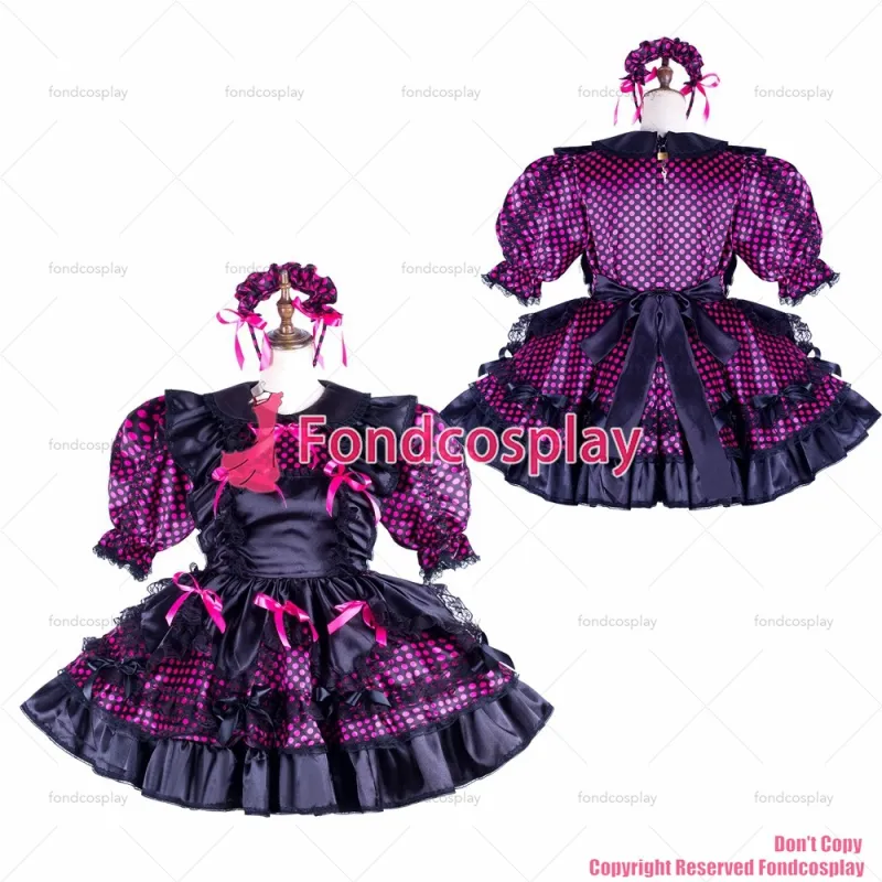 fondcosplay adult sexy cross dressing sissy maid short Purple dots satin dress lockable Uniform black apron CD/TV[G2132]