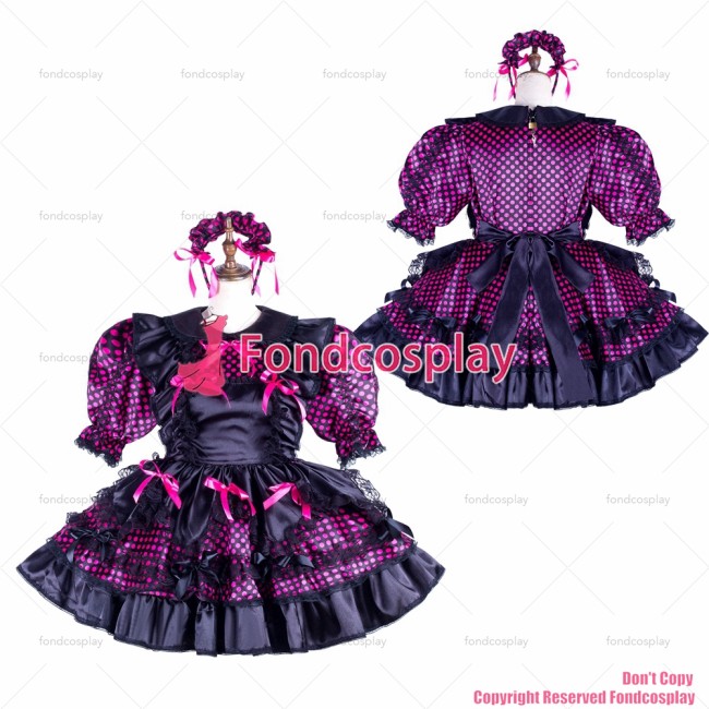 fondcosplay adult sexy cross dressing sissy maid short Purple dots satin dress lockable Uniform black apron CD/TV[G2132]