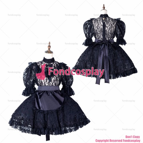 fondcosplay adult sexy cross dressing sissy maid short black satin apron lace dress lockable Uniform costume CD/TV[G2163]