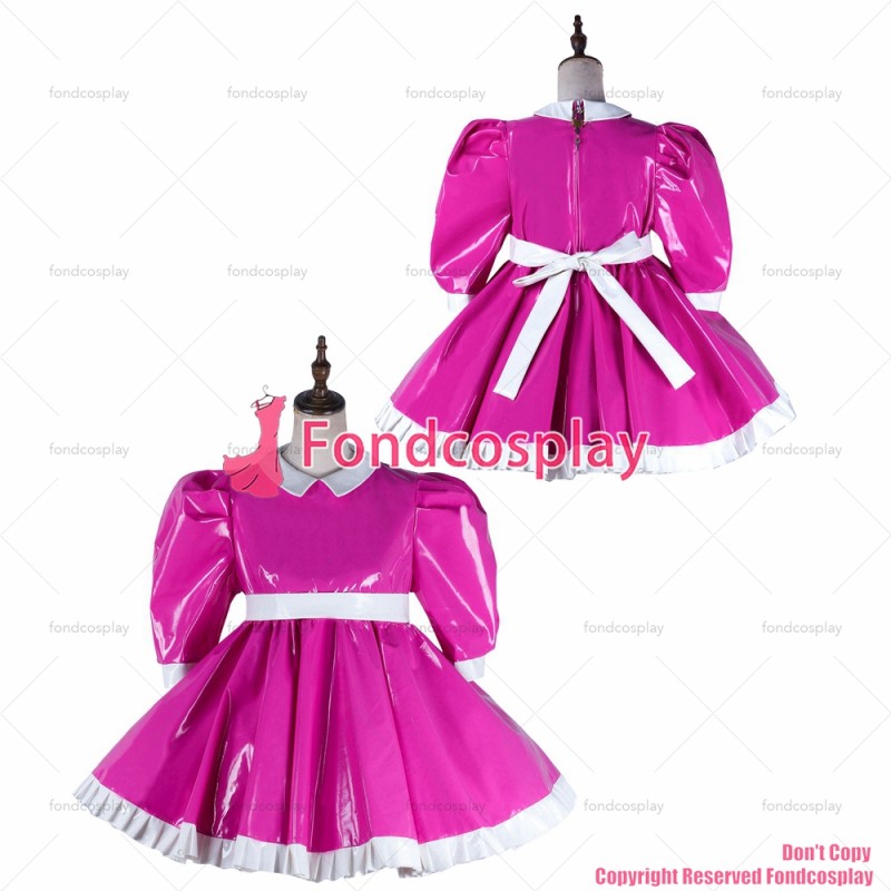 fondcosplay adult sexy cross dressing sissy maid short hot pink heavy pvc dress lockable peter pan collar CD/TV[G2160]