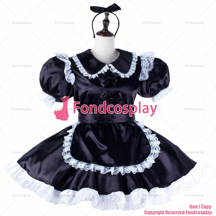 fondcosplay adult sexy cross dressing sissy maid short black satin dress lockable Uniform apron costume CD/TV[G2218]