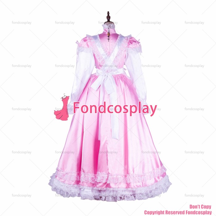 fondcosplay adult sexy cross dressing sissy maid long lockable baby pink satin dress Uniform white apron CD/TV[G1749]