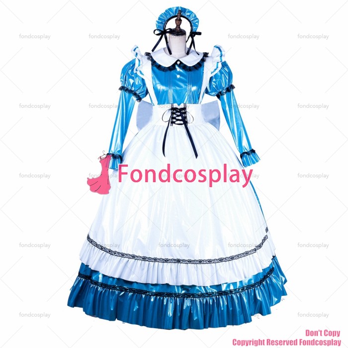 fondcosplay adult sexy cross dressing sissy maid long lockable blue thin PVC dress Uniform white apron CD/TV[G1752]