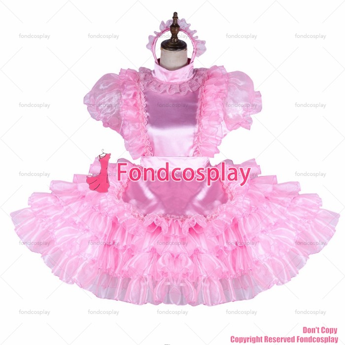 fondcosplay adult sexy cross dressing sissy maid lockable baby pink satin Organza dress Uniform apron costume CD/TV[G1988]
