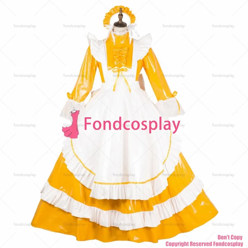 fondcosplay adult sexy cross dressing sissy maid long lockable Orange thin PVC vinyl dress Uniform costume CD/TV[G1786]
