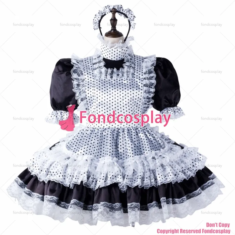 fondcosplay adult sexy cross dressing sissy maid black satin dress lockable Uniform white Dots apron costume CD/TV[G2216]