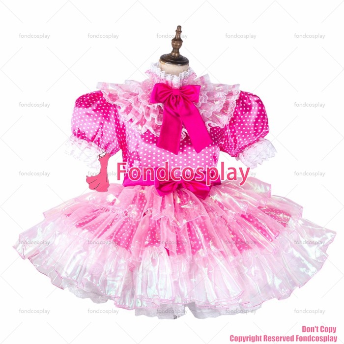 fondcosplay adult sexy cross dressing sissy maid hot pink Dots satin organza dress lockable Uniform costume CD/TV[G2126]