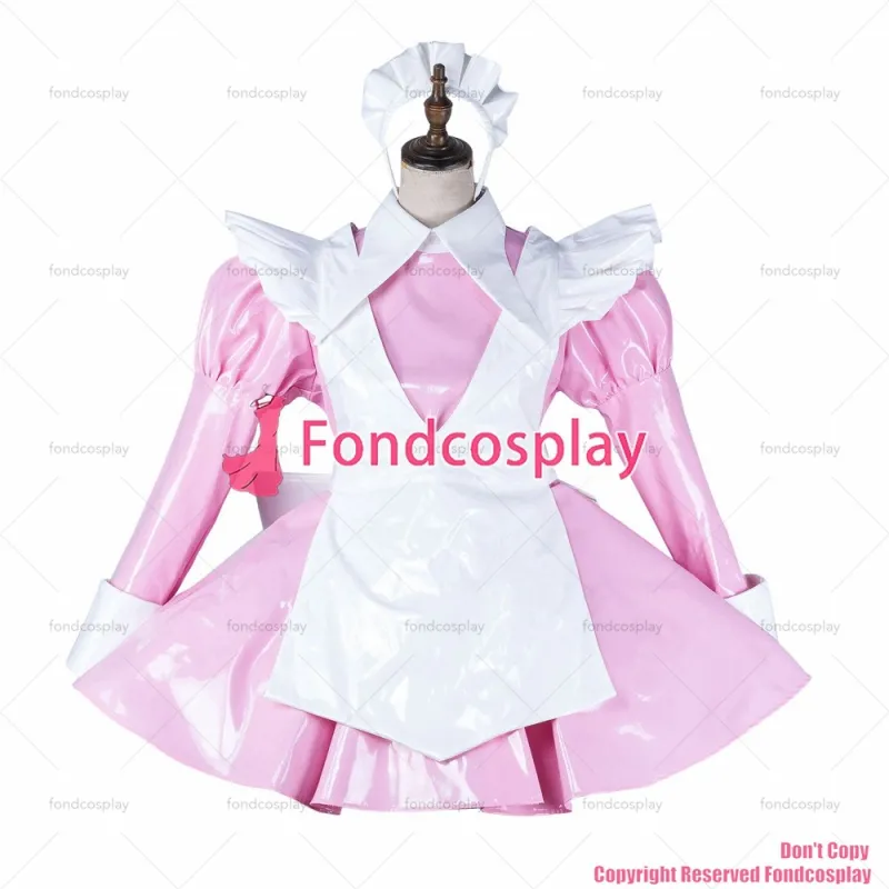 fondcosplay adult sexy cross dressing sissy maid baby pink heavy pvc dress lockable Uniform white apron CD/TV[G2141]