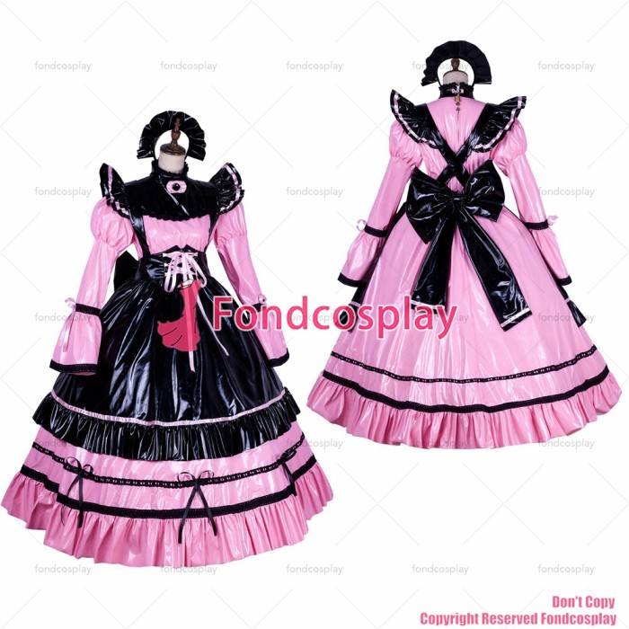 fondcosplay adult sexy cross dressing sissy maid long Lockable pink PVC Vinyl Dress Uniform black apron CD/TV[G1763]