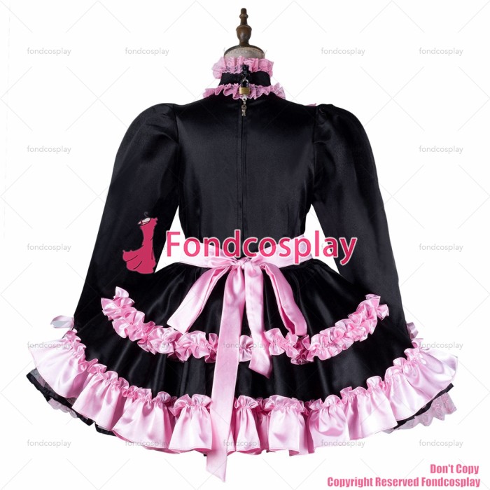 fondcosplay adult sexy cross dressing sissy maid short black pink Frills satin dress lockable Uniform costume CD/TV[G2169]