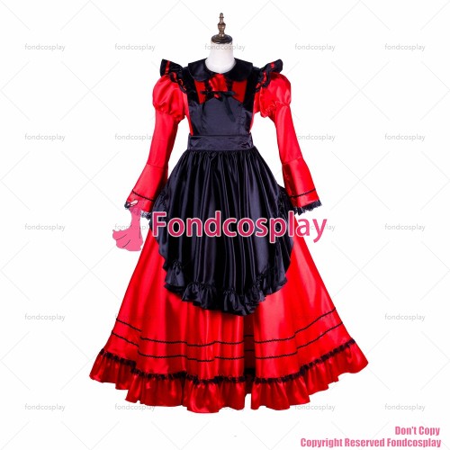fondcosplay adult sexy cross dressing sissy maid long lockable red Satin dress Uniform black apron costume CD/TV[G2005]