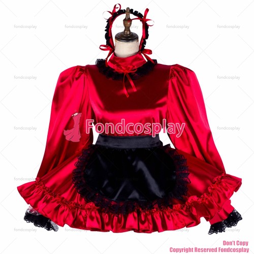 fondcosplay adult sexy cross dressing sissy maid short red satin dress lockable Uniform black apron costume CD/TV[G2034]