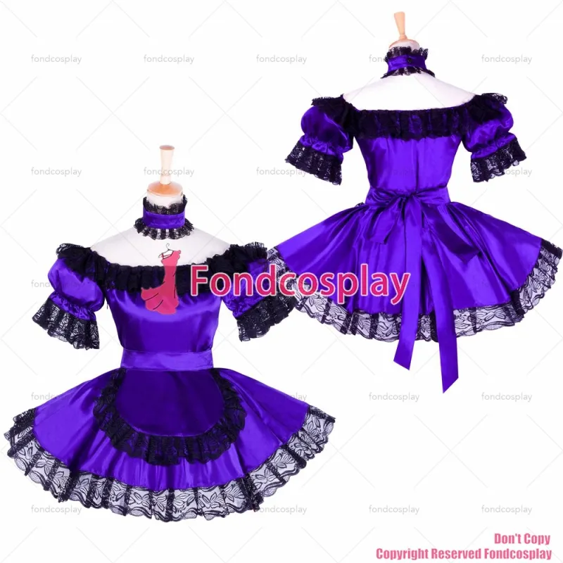fondcosplay adult sexy cross dressing sissy maid short Purple satin lockable dress Uniform apron costume CD/TV[G1757]