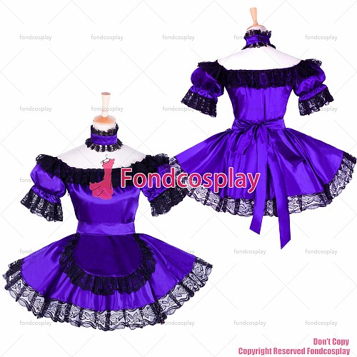 fondcosplay adult sexy cross dressing sissy maid short Purple satin lockable dress Uniform apron costume CD/TV[G1757]