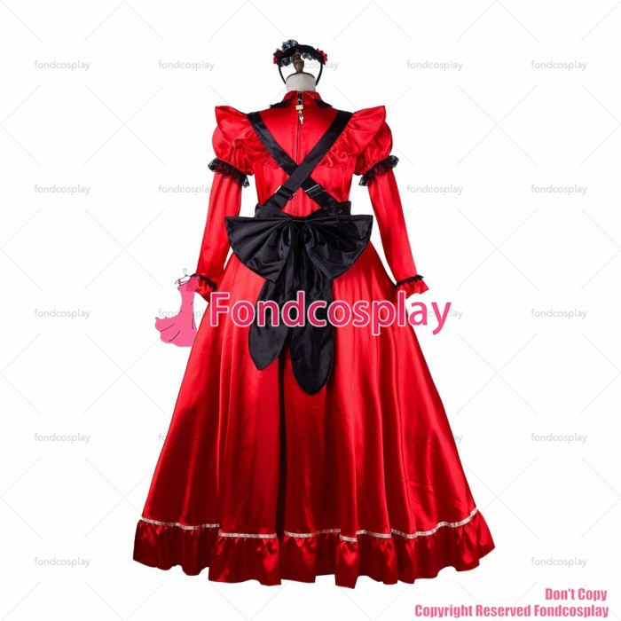 fondcosplay adult sexy cross dressing sissy maid long red satin dress lockable black apron Uniform costume CD/TV[G2156]