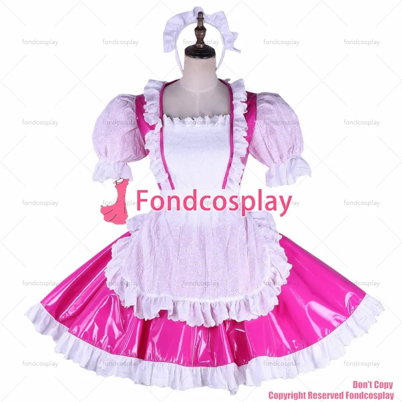 fondcosplay adult sexy cross dressing French sissy maid lockable hot pink thin PVC Dress Uniform white apron CD/TV [G1658]