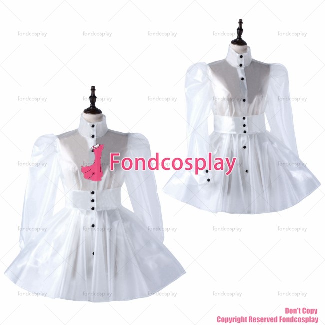 fondcosplay adult sexy cross dressing sissy maid short clear pvc Buttons dress lockable Uniform costume CD/TV[G2213]