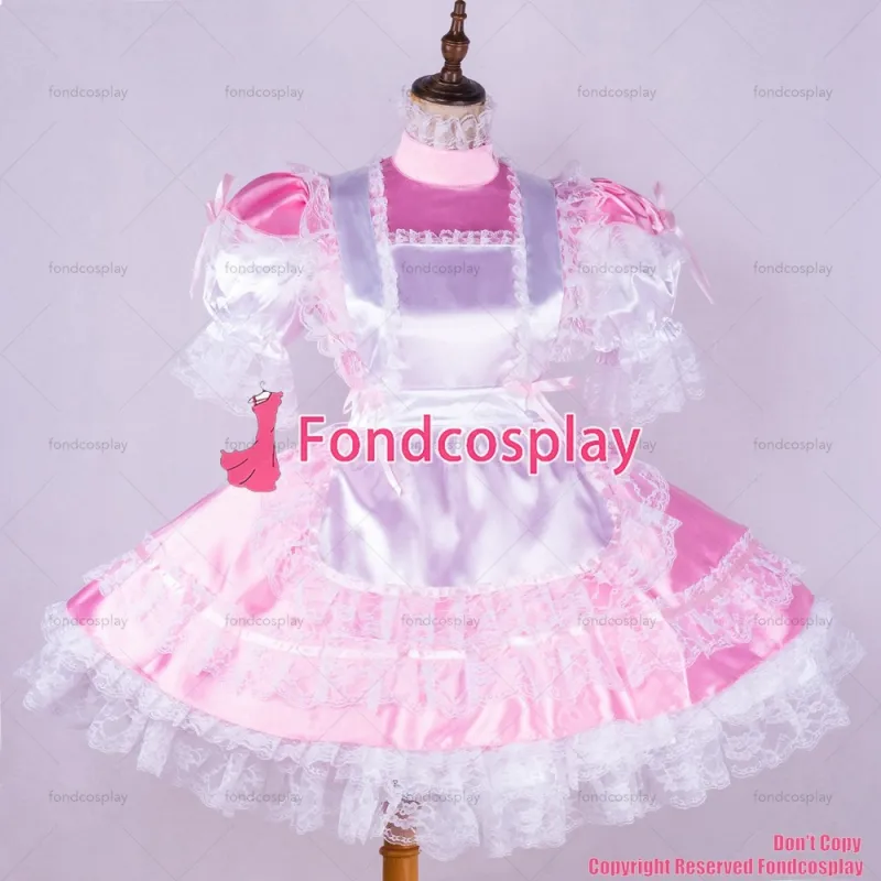 fondcosplay adult sexy cross dressing sissy maid short baby pink satin dress lockable Uniform white apron CD/TV[G1745]