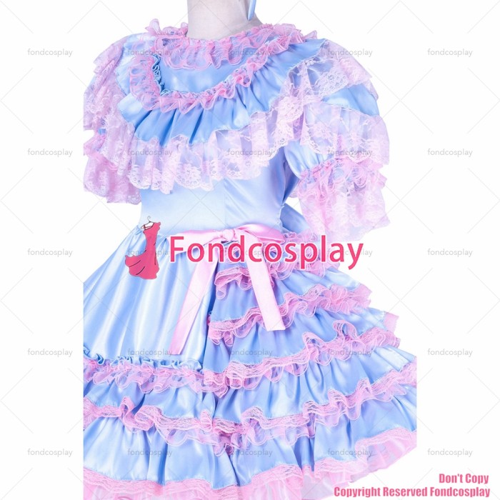 fondcosplay adult sexy cross dressing sissy maid short lockable baby blue satin dress Uniform cosplay costume CD/TV[G1772]
