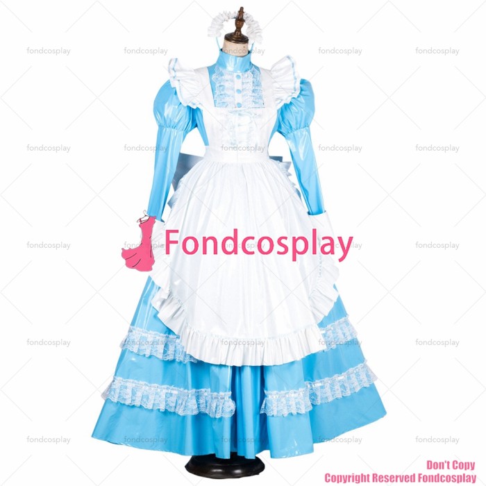 fondcosplay sexy cross dressing sissy maid long lockable baby blue thin PVC vinyl dress Uniform white apron CD/TV[G1805]