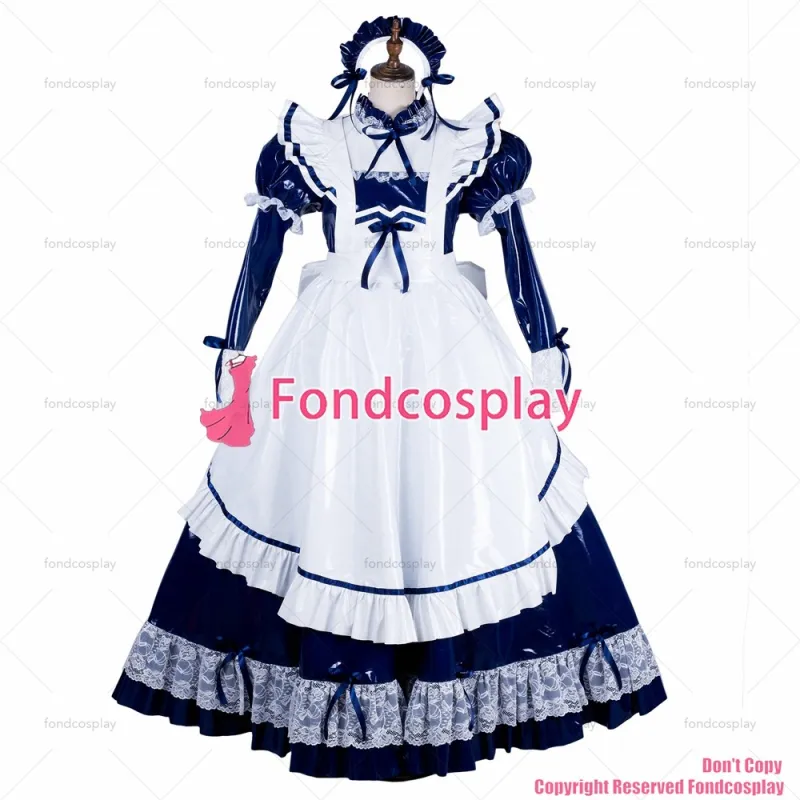 fondcosplay adult sexy cross dressing sissy maid long lockable black thin PVC vinyl dress Uniform white apron CD/TV[G1803]