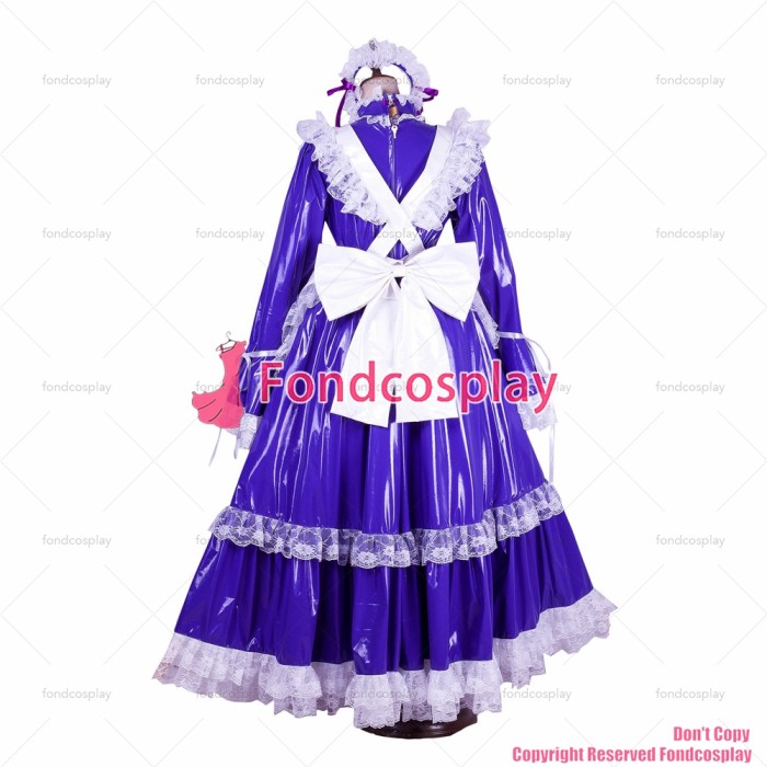 fondcosplay adult cross dressing sissy maid long lockable Purple thin PVC vinyl dress Uniform white apron CD/TV[G1802]