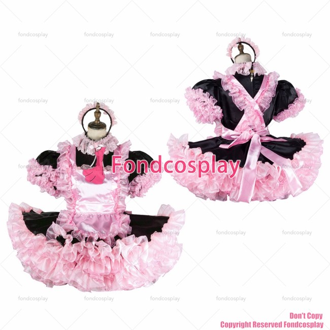 fondcosplay adult sexy cross dressing sissy maid short black satin dress lockable pink organza Uniform CD/TV[G2045]
