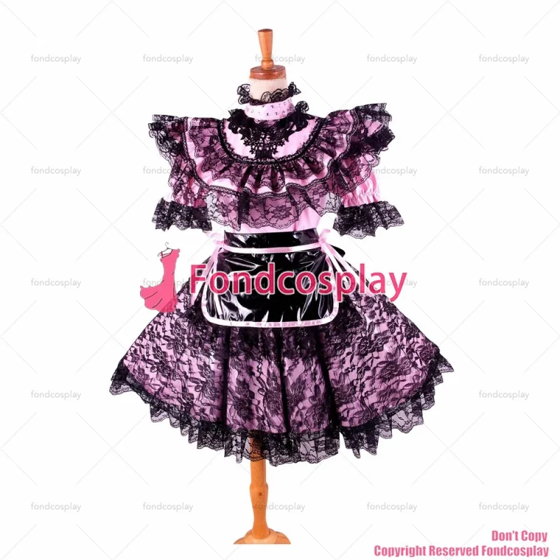 fondcosplay adult sexy cross dressing sissy maid baby pink thin pvc dress lockable Uniform black apron CD/TV[G2116]