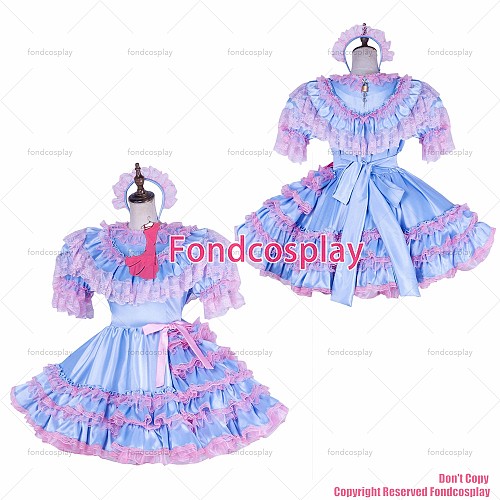 fondcosplay adult sexy cross dressing sissy maid short lockable baby blue satin dress Uniform cosplay costume CD/TV[G1772]