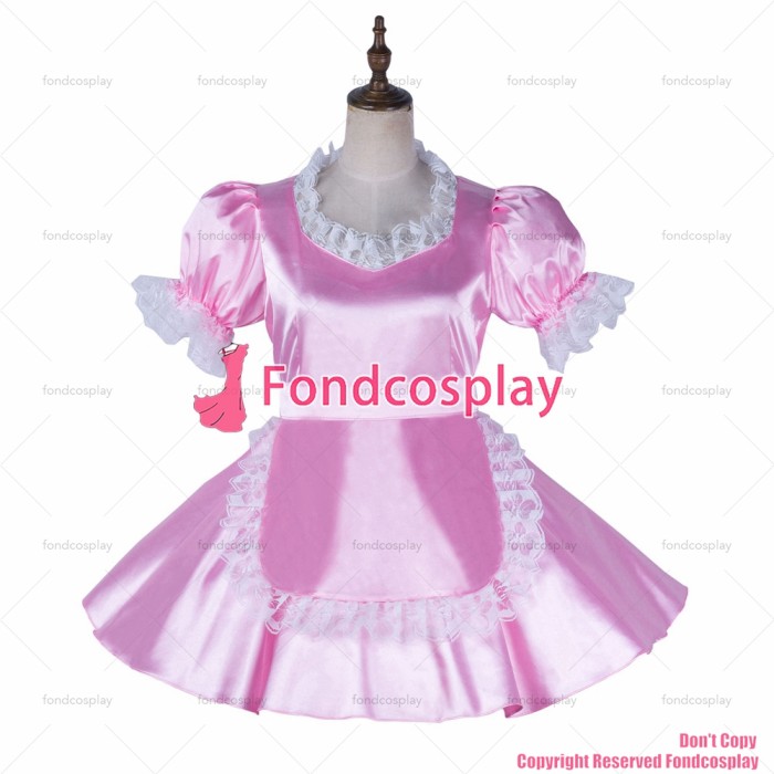 fondcosplay adult sexy cross dressing sissy maid short baby pink satin dress lockable Uniform apron costume CD/TV[G2167]