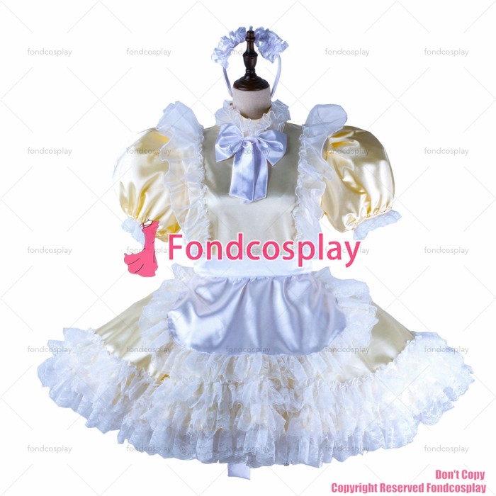 fondcosplay adult sexy cross dressing sissy maid short champagne satin dress lockable Uniform cosplay costume CD/TV[G2217]