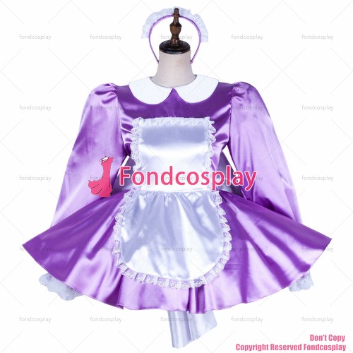 fondcosplay cross dressing sissy maid short Lilac satin dress lockable Uniform white apron Peter Pan collar CD/TV[G2036]