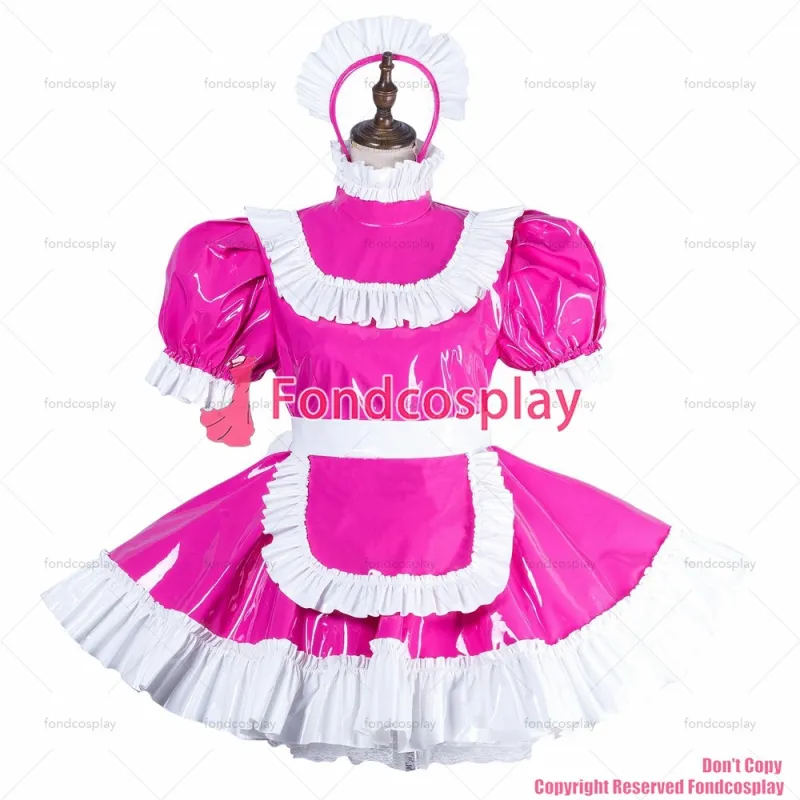 fondcosplay adult sexy cross dressing sissy maid short hot pink thin pvc dress lockable Uniform apron costume CD/TV[G2185]