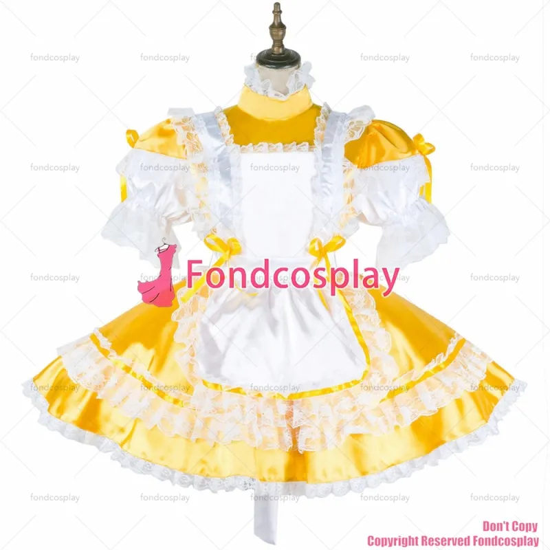 fondcosplay adult sexy cross dressing sissy maid short yellow satin dress lockable white arpon Uniform CD/TV[G2039]