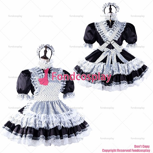 fondcosplay adult sexy cross dressing sissy maid black satin dress lockable Uniform white Dots apron costume CD/TV[G2216]