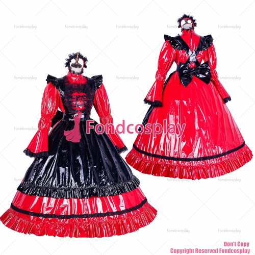 fondcosplay adult sexy cross dressing sissy maid long lockable red thin PVC vinyl dress Uniform balck apron CD/TV[G1768]