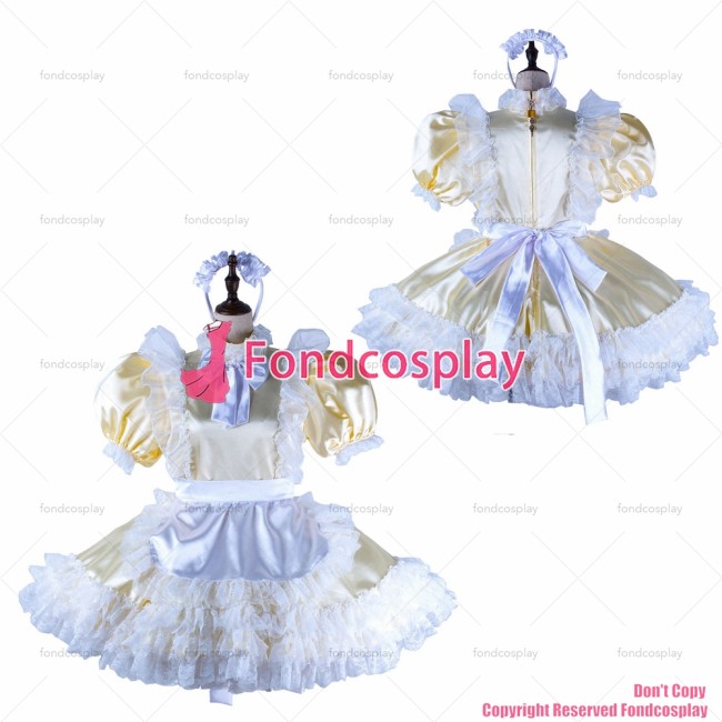 fondcosplay adult sexy cross dressing sissy maid short champagne satin dress lockable Uniform cosplay costume CD/TV[G2217]