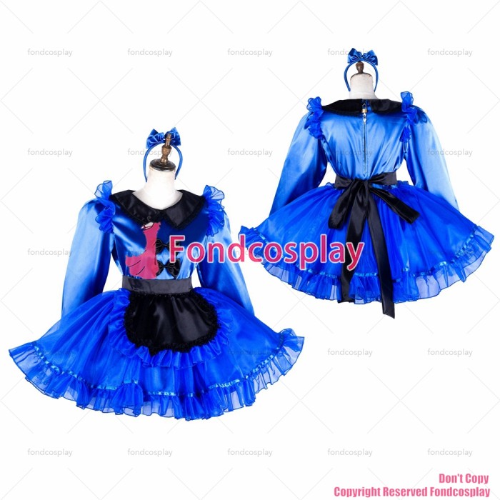 fondcosplay adult sexy cross dressing sissy maid blue satin dress organza lockable Peter Pan collar Uniform CD/TV[G2035]