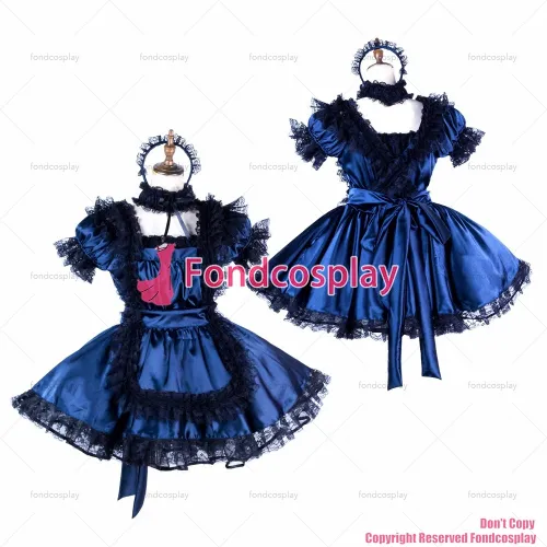 fondcosplay adult sexy cross dressing sissy maid short Navy Satin dress Uniform black apron costume CD/TV[G2006]