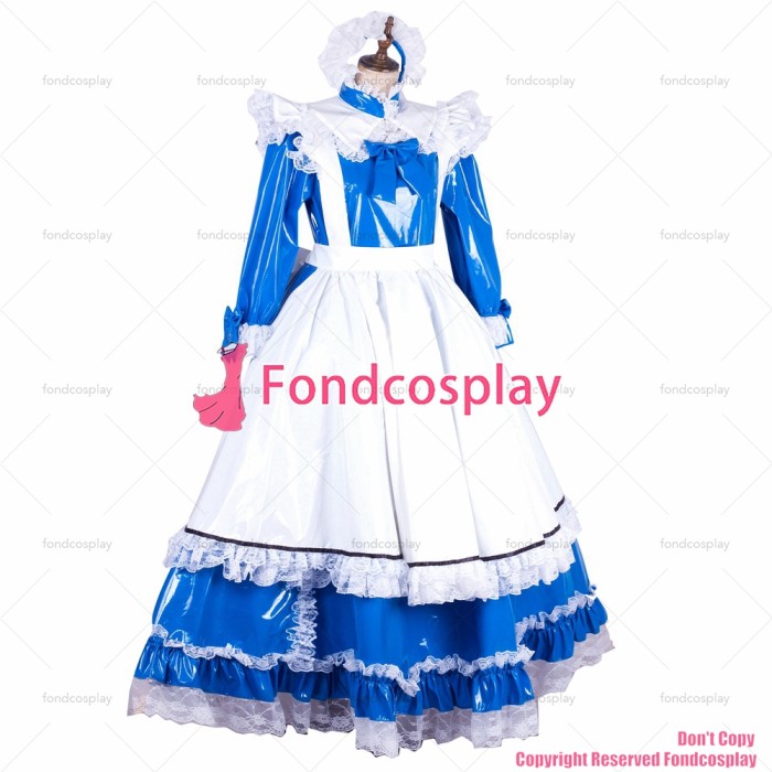 fondcosplay adult sexy cross dressing sissy maid long lockable blue thin PVC dress vinyl Uniform white apron CD/TV[G1996]