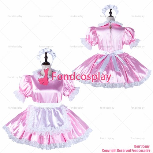 fondcosplay adult sexy cross dressing sissy maid baby pink satin dress lockable Uniform white apron costume CD/TV[G2220]