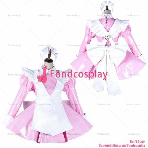 fondcosplay adult sexy cross dressing sissy maid baby pink heavy pvc dress lockable Uniform white apron CD/TV[G2141]