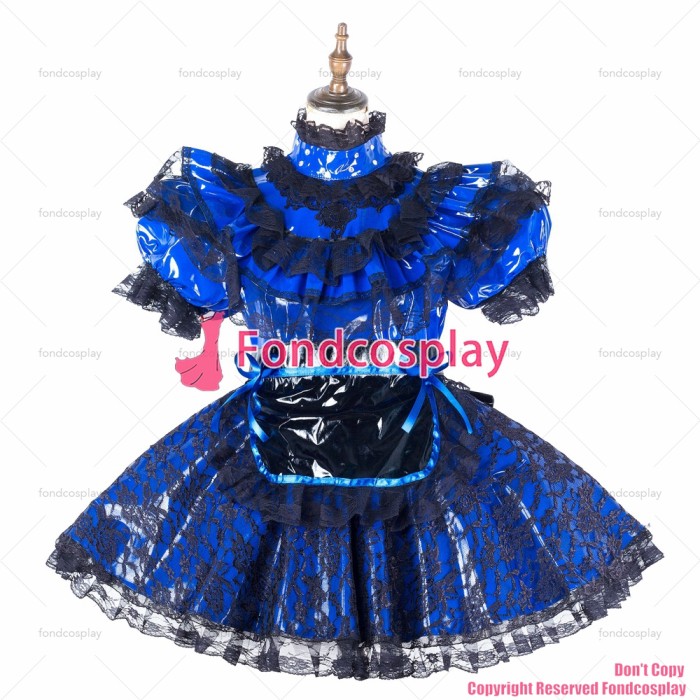 fondcosplay adult sexy cross dressing sissy maid blue heavy pvc dress lockable Uniform black apron costume CD/TV[G2142]