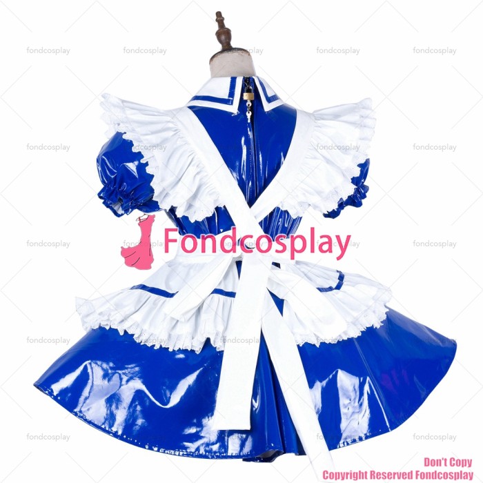 fondcosplay adult sexy cross dressing sissy maid lockable blue thin PVC dress vinyl Uniform white apron CD/TV[G1991]