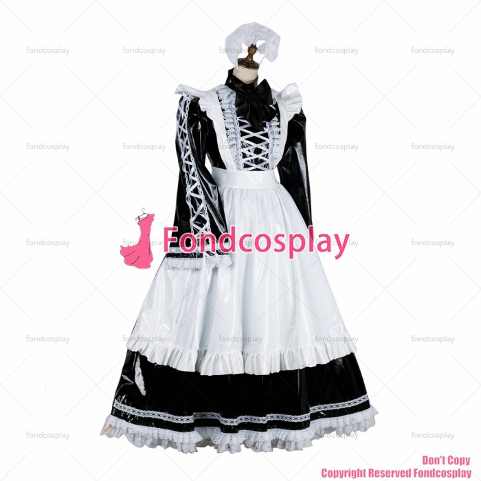 fondcosplay adult sexy cross dressing sissy maid long lockable black thin PVC vinyl dress Uniform white aporn CD/TV[G1807]